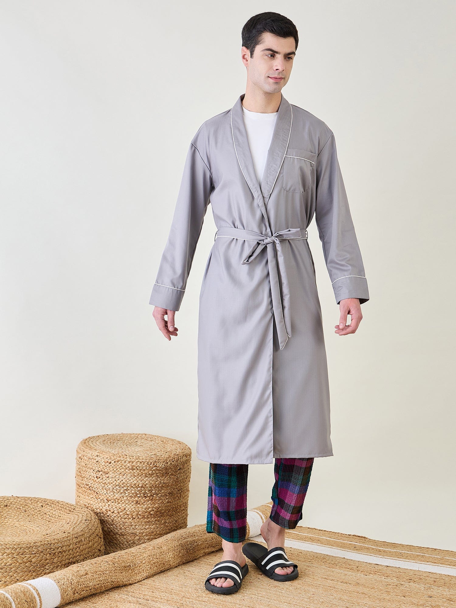 The Kaftan Company Night Robe Mens Grey Cotton Night Robe