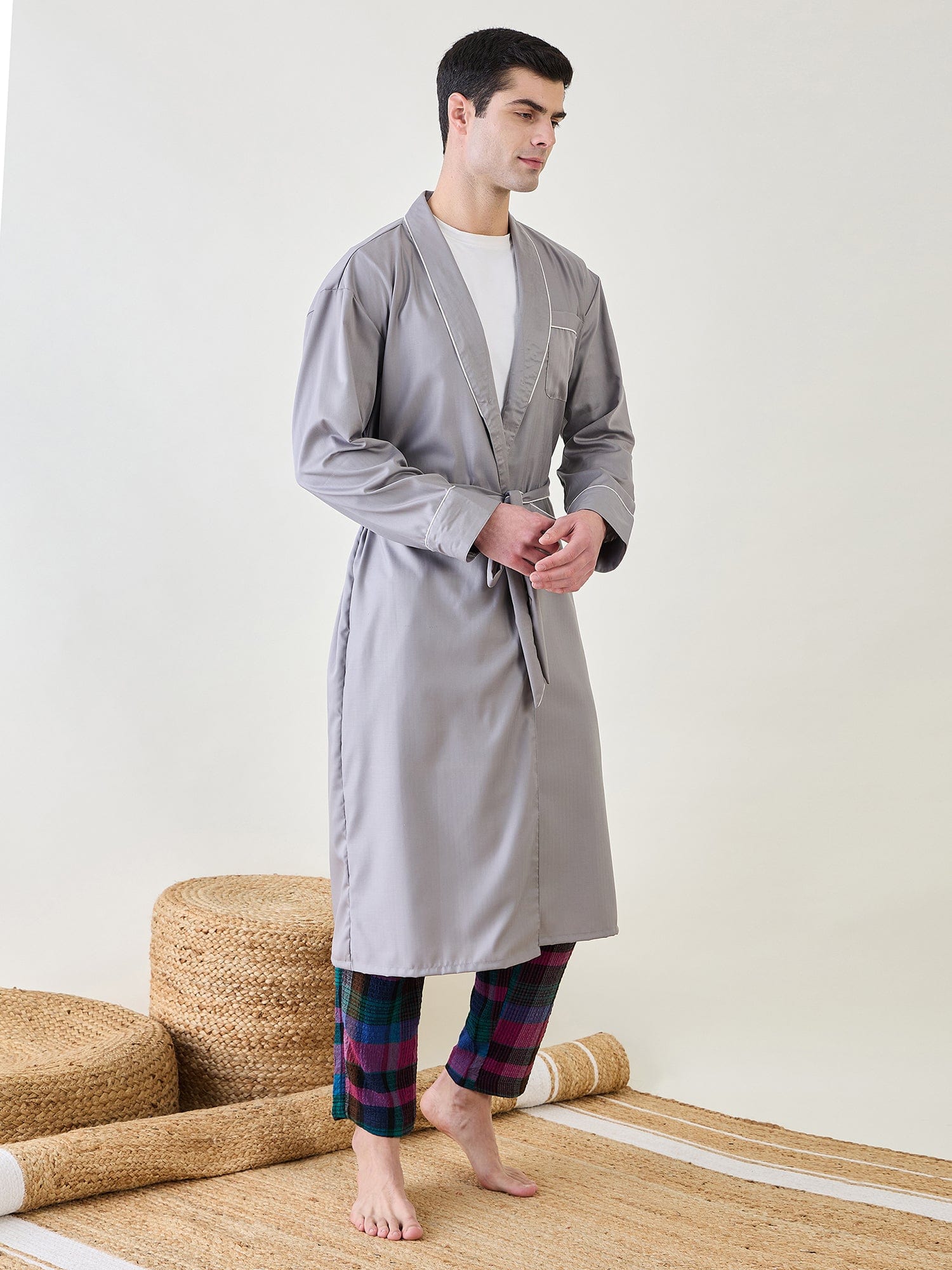 The Kaftan Company Night Robe Mens Grey Cotton Night Robe
