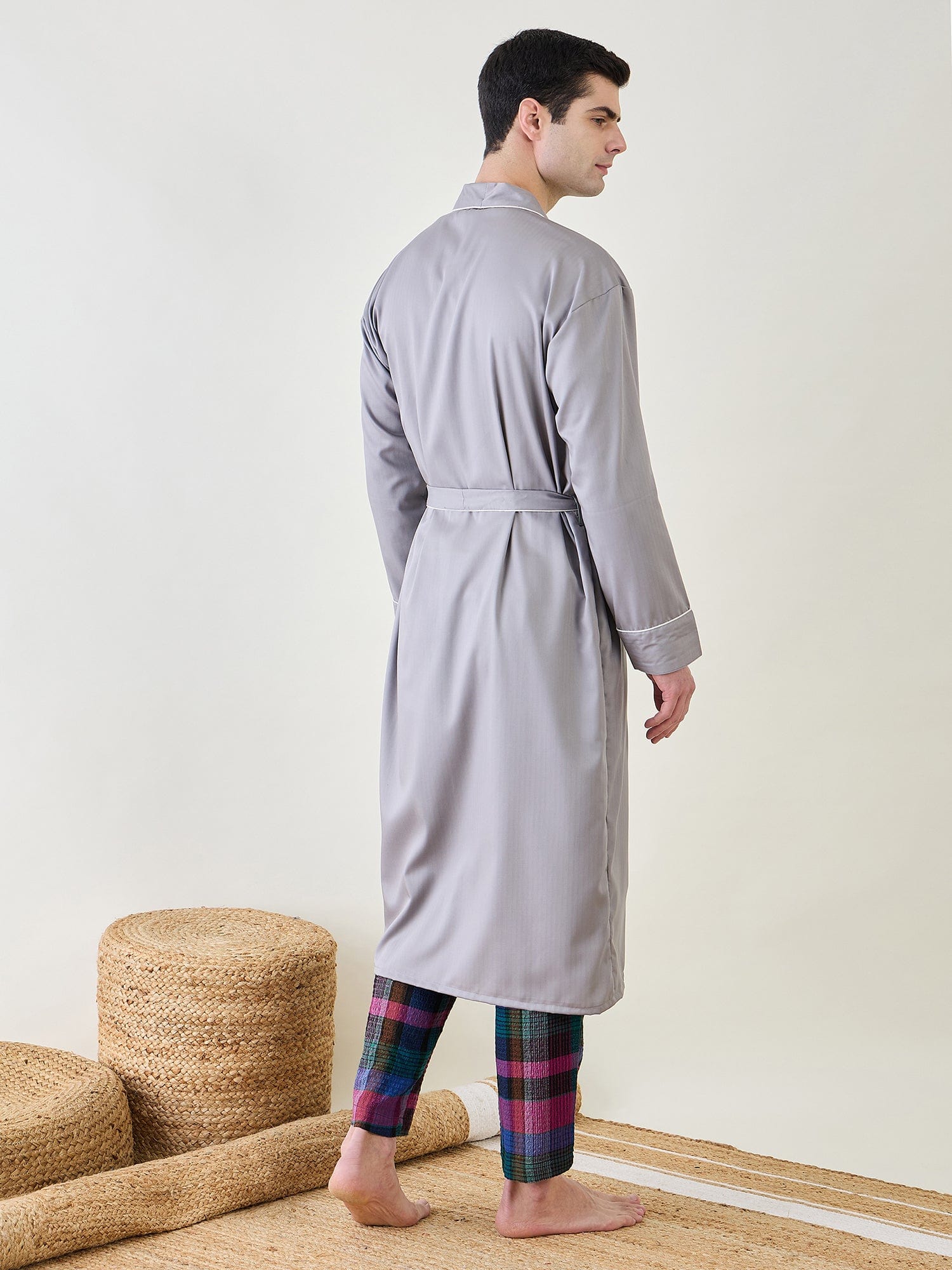 The Kaftan Company Night Robe Mens Grey Cotton Night Robe