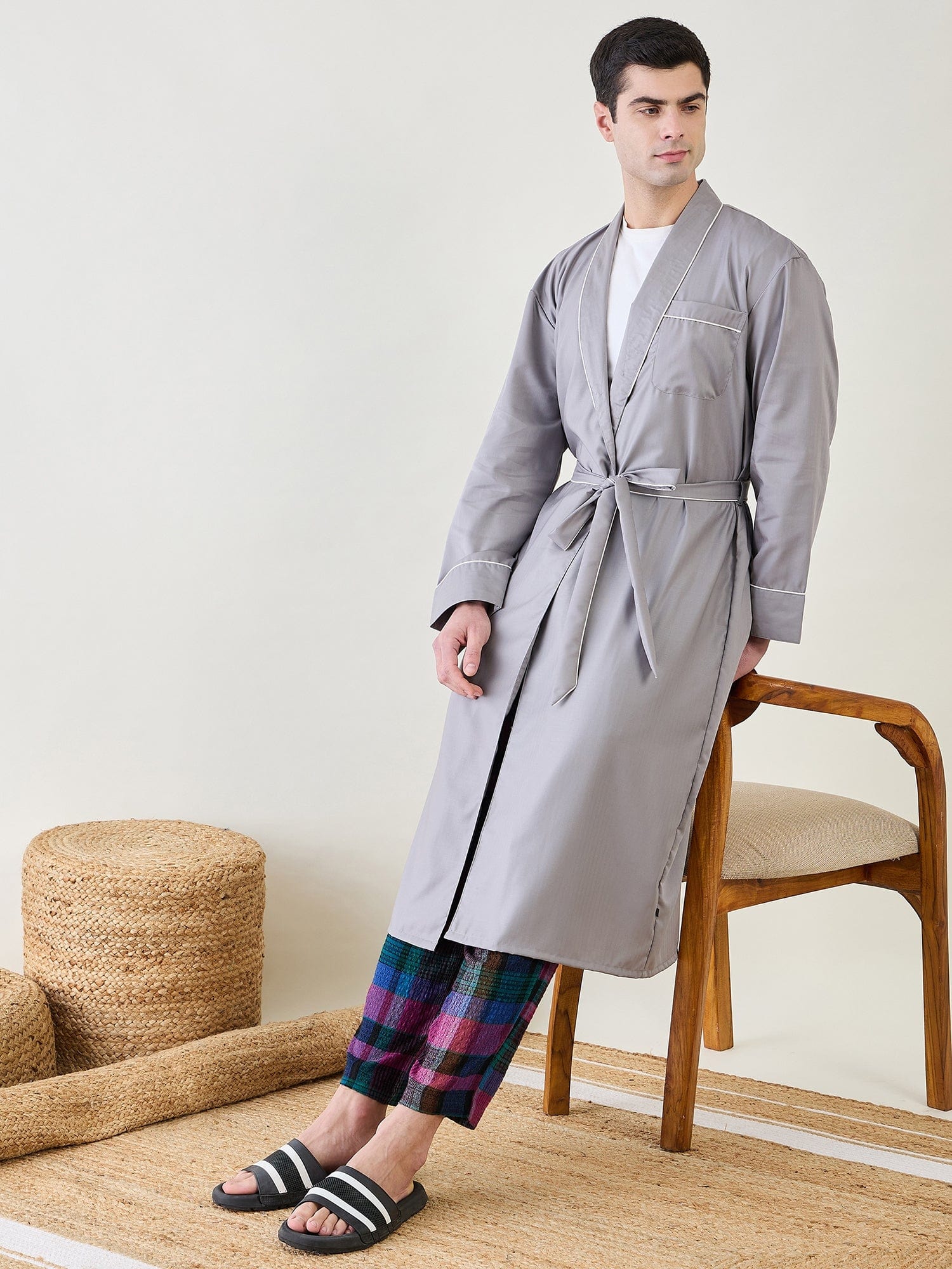 The Kaftan Company Night Robe Mens Grey Cotton Night Robe