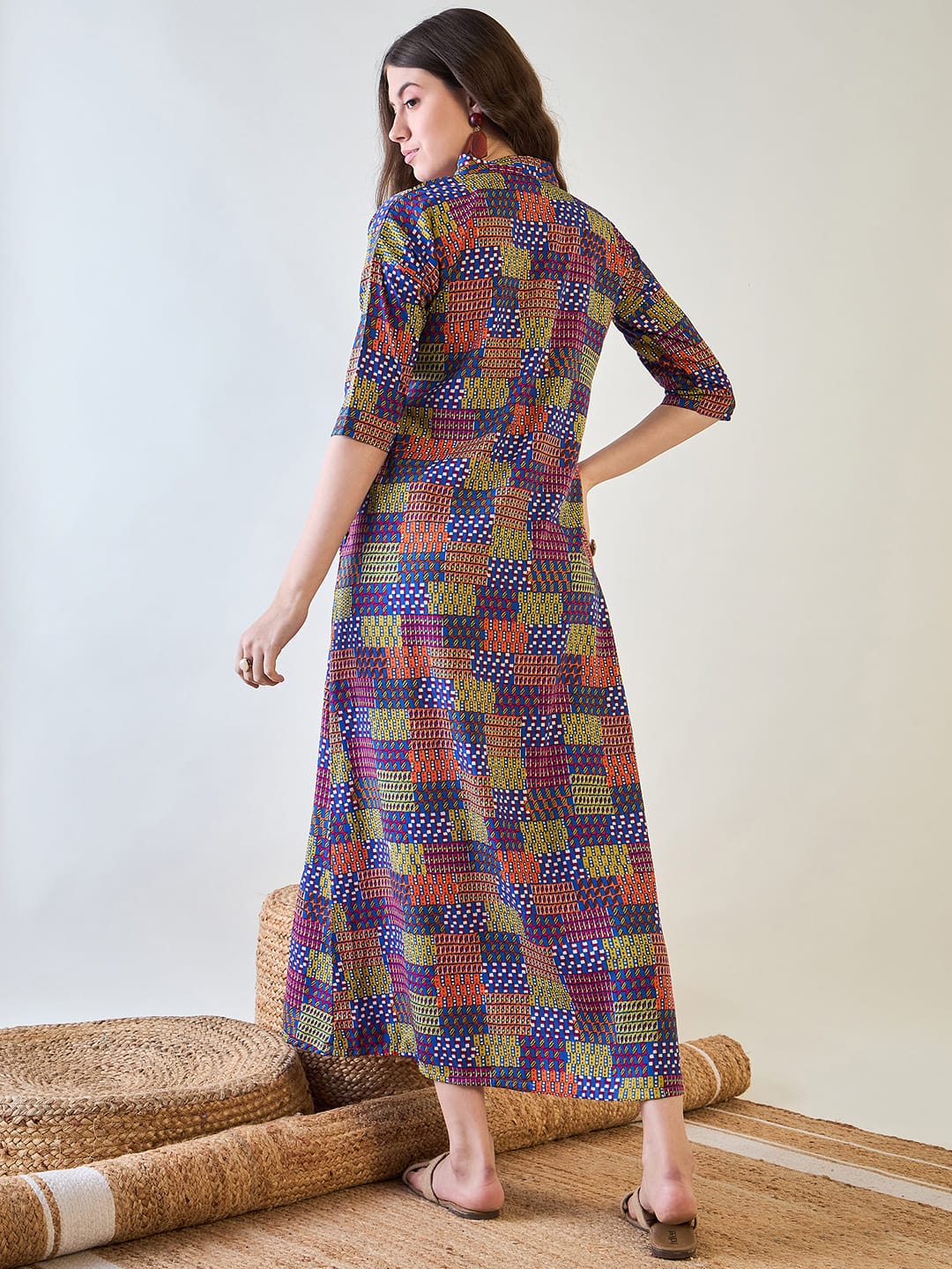 The Kaftan Company Nightdress Abstract Multi Coloured Patch Button Down Night Dress