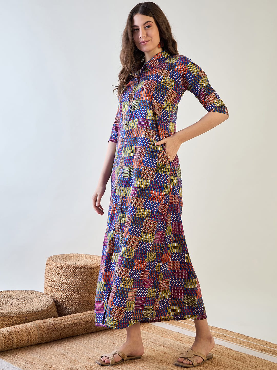 The Kaftan Company Nightdress Abstract Multi Coloured Patch Button Down Night Dress