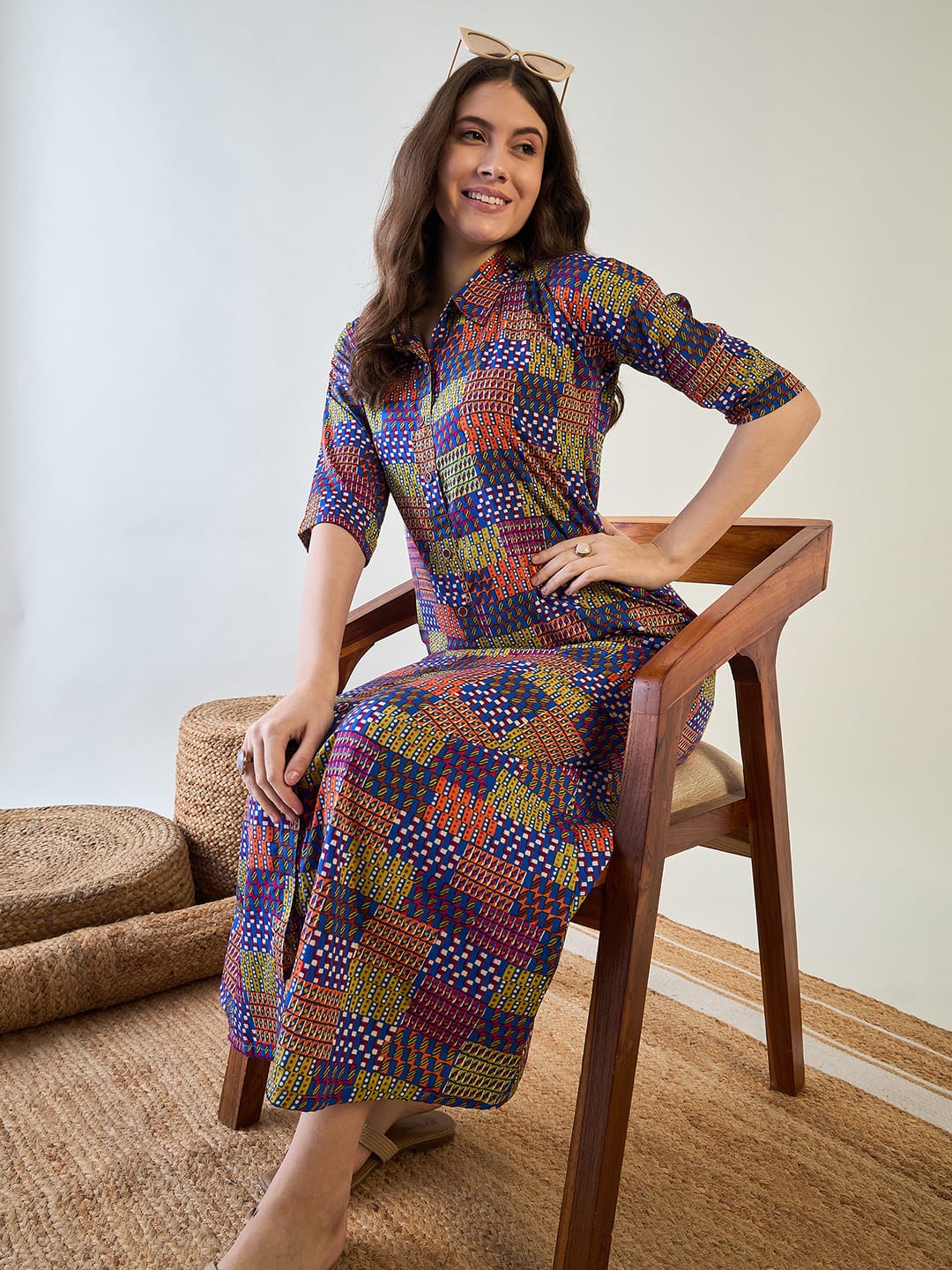 The Kaftan Company Nightdress Abstract Multi Coloured Patch Button Down Night Dress