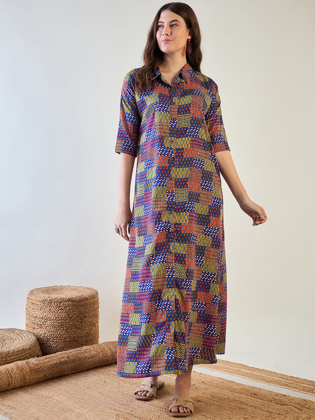 The Kaftan Company Nightdress Abstract Multi Coloured Patch Button Down Night Dress