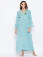The Kaftan Company Nightdress Aqua Mangalgiri Cotton Embroidered Nightdress
