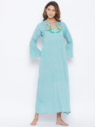 The Kaftan Company Nightdress Aqua Mangalgiri Cotton Embroidered Nightdress
