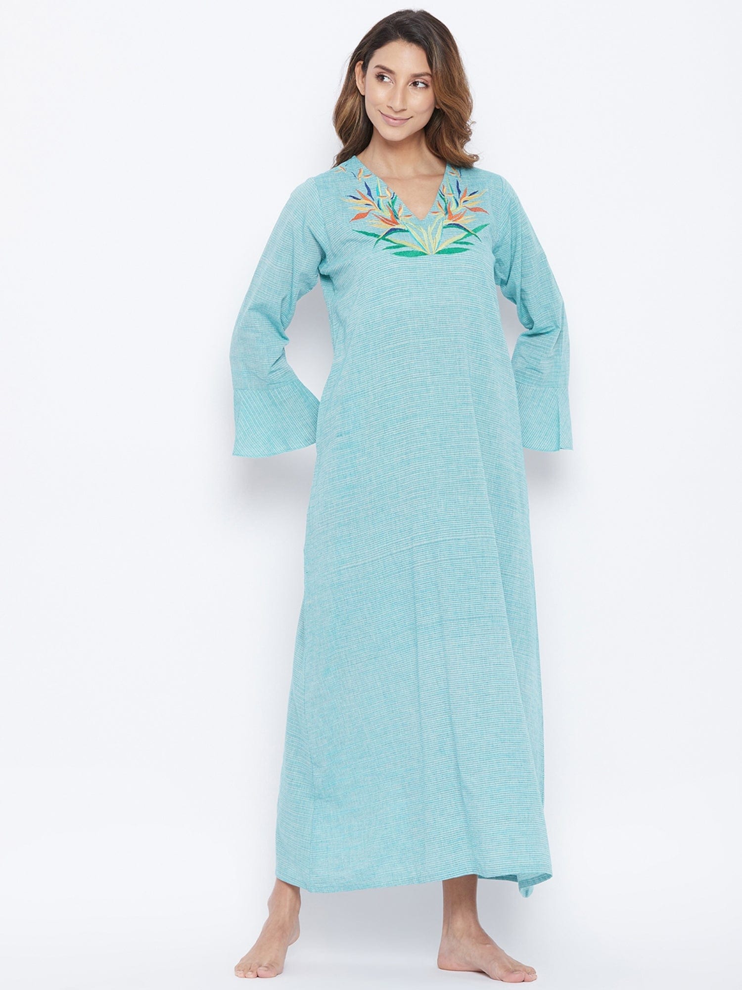 The Kaftan Company Nightdress Aqua Mangalgiri Cotton Embroidered Nightdress