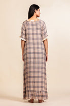 The Kaftan Company Nightdress Beige and Brown Checked Viscose Nighty with Cream Ruffled Trim