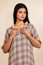 The Kaftan Company Nightdress Beige and Brown Checked Viscose Nighty with Cream Ruffled Trim