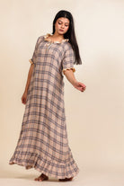 The Kaftan Company Nightdress Beige and Brown Checked Viscose Nighty with Cream Ruffled Trim