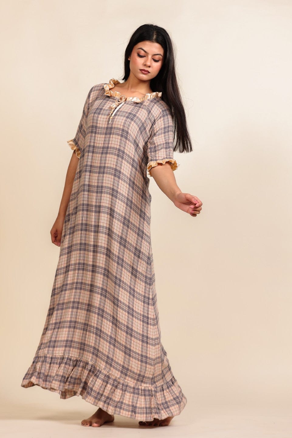 The Kaftan Company Nightdress Beige and Brown Checked Viscose Nighty with Cream Ruffled Trim