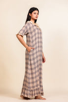 The Kaftan Company Nightdress Beige and Brown Checked Viscose Nighty with Cream Ruffled Trim