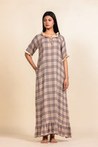 The Kaftan Company Nightdress Beige and Brown Checked Viscose Nighty with Cream Ruffled Trim