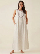 The Kaftan Company Nightdress Beige Embroidered Nightdress with Snap-Button Closure