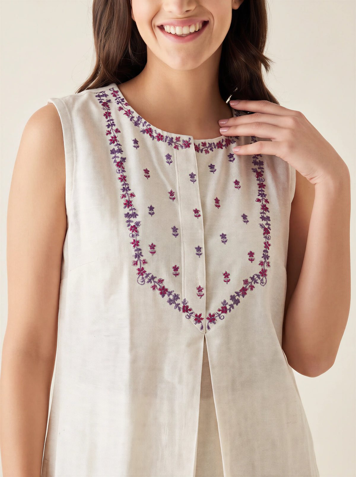 The Kaftan Company Nightdress Beige Embroidered Nightdress with Snap-Button Closure