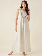 The Kaftan Company Nightdress Beige Embroidered Nightdress with Snap-Button Closure