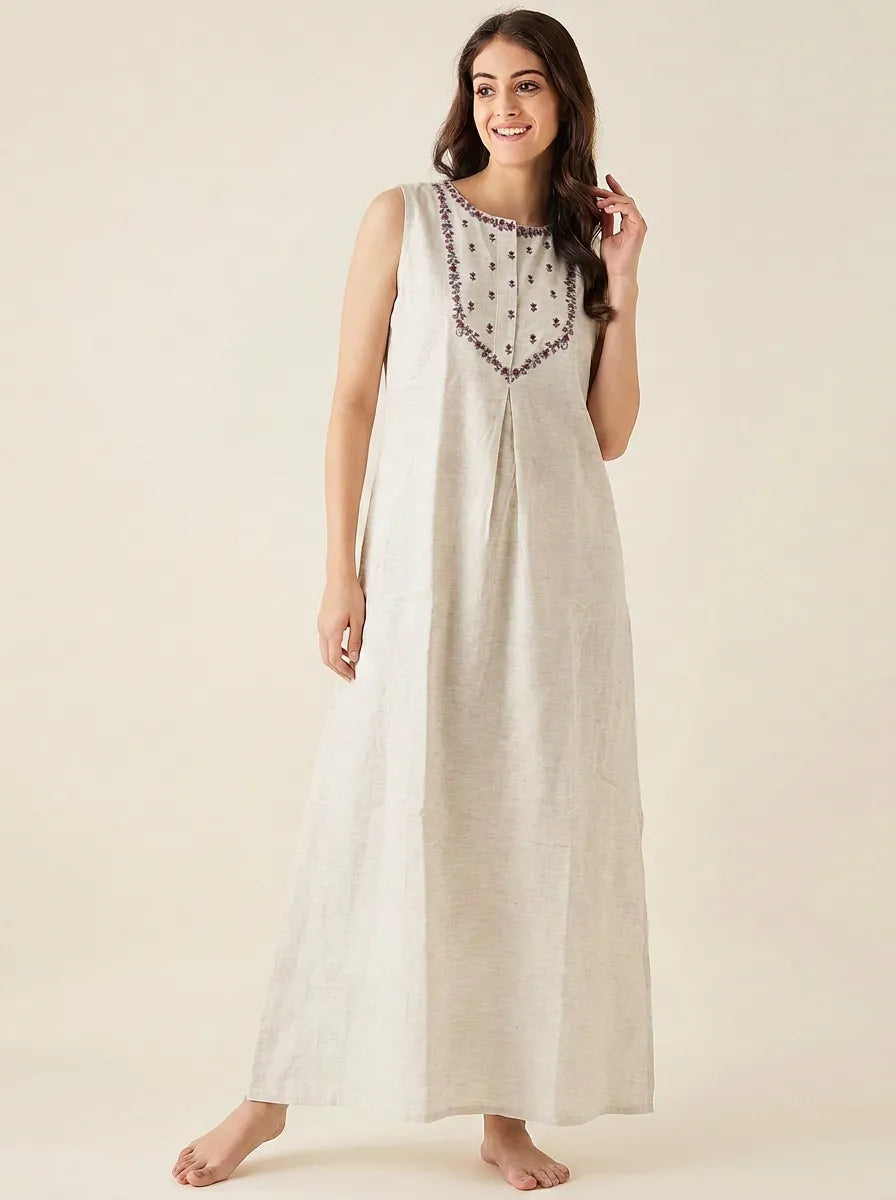 The Kaftan Company Nightdress Beige Embroidered Nightdress with Snap-Button Closure