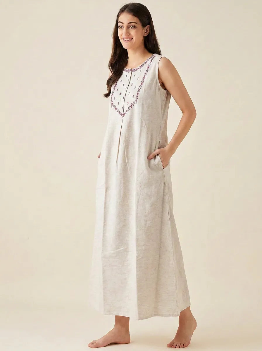 The Kaftan Company Nightdress Beige Embroidered Nightdress with Snap-Button Closure