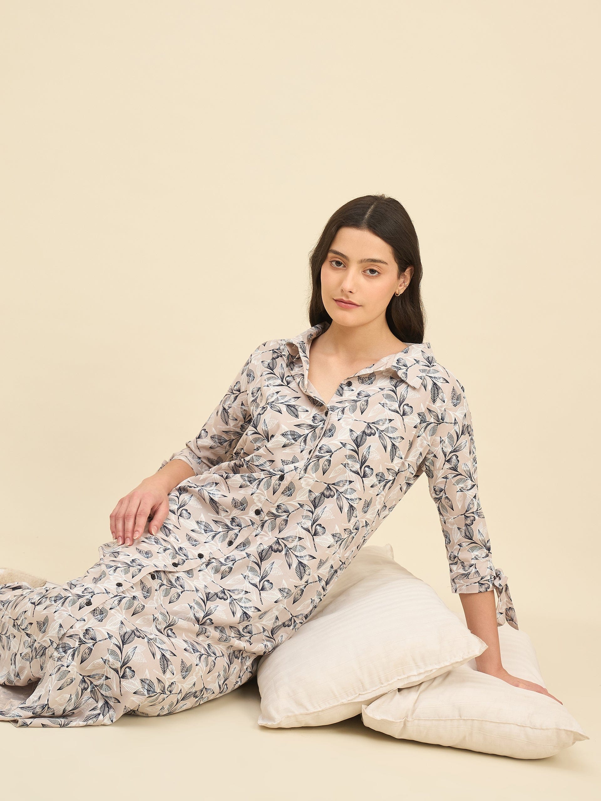The Kaftan Company Nightdress Beige Floral Viscose Rayon Nightdress – Soft Shirt Style with Pockets & Tie Sleeves