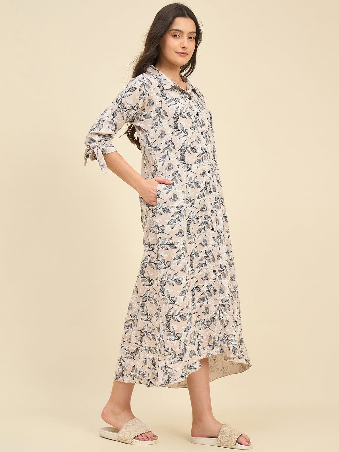 The Kaftan Company Nightdress Beige Floral Viscose Rayon Nightdress – Soft Shirt Style with Pockets & Tie Sleeves