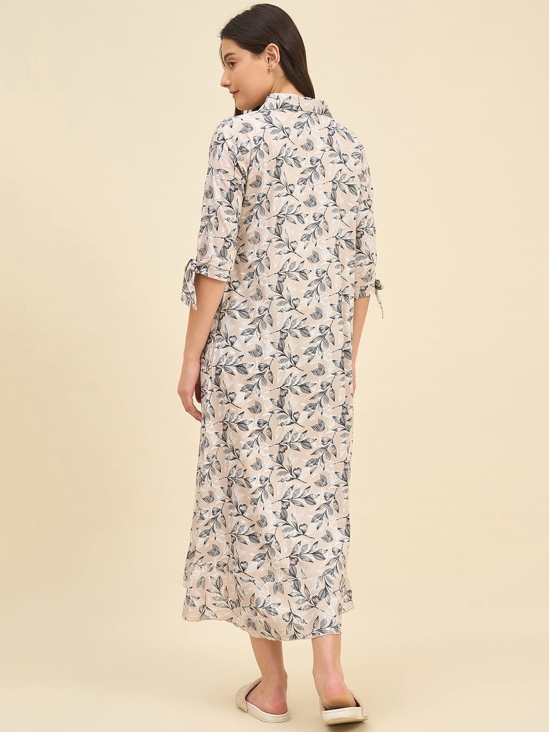 The Kaftan Company Nightdress Beige Floral Viscose Rayon Nightdress – Soft Shirt Style with Pockets & Tie Sleeves