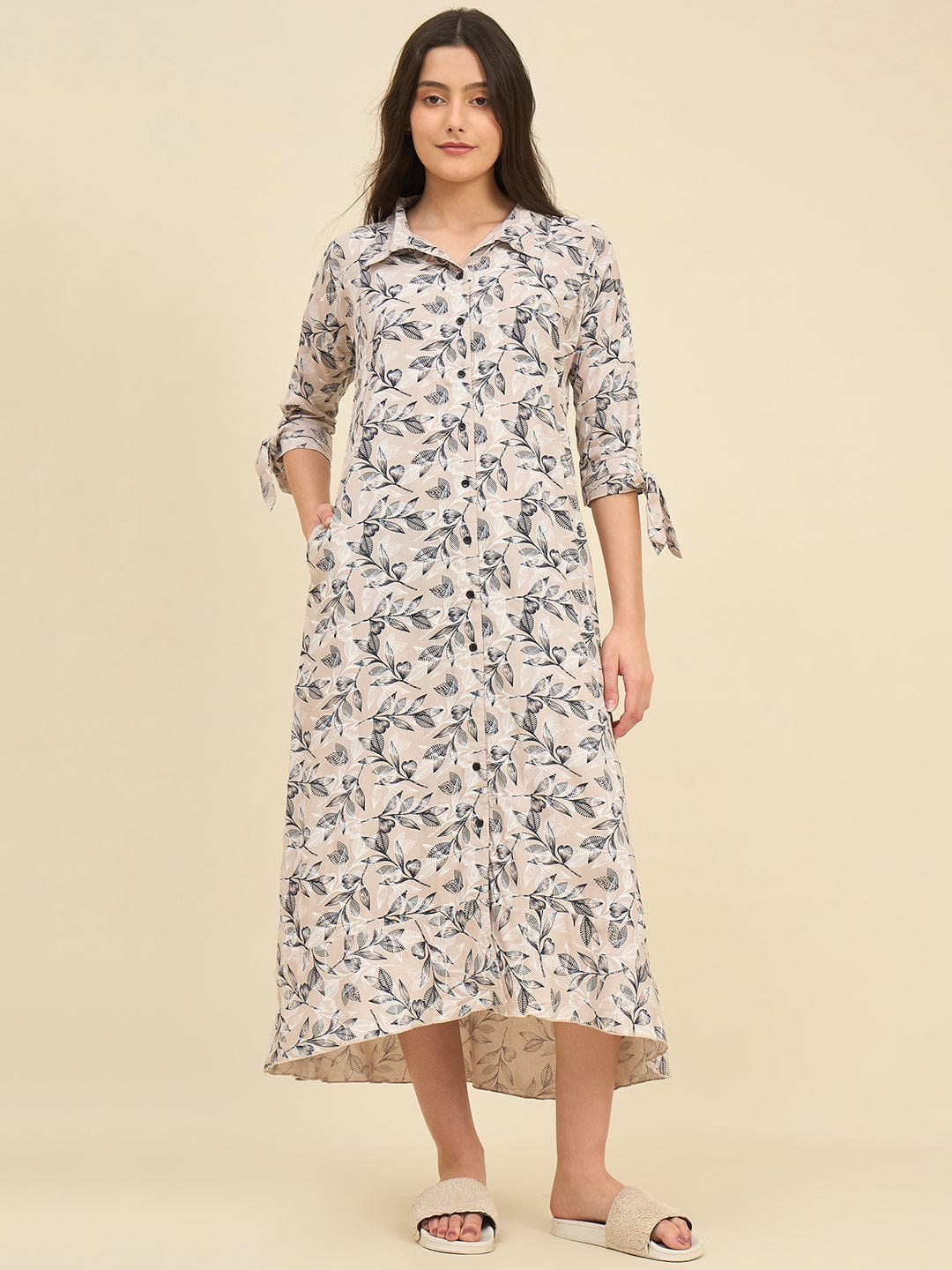 The Kaftan Company Nightdress Beige Floral Viscose Rayon Nightdress – Soft Shirt Style with Pockets & Tie Sleeves