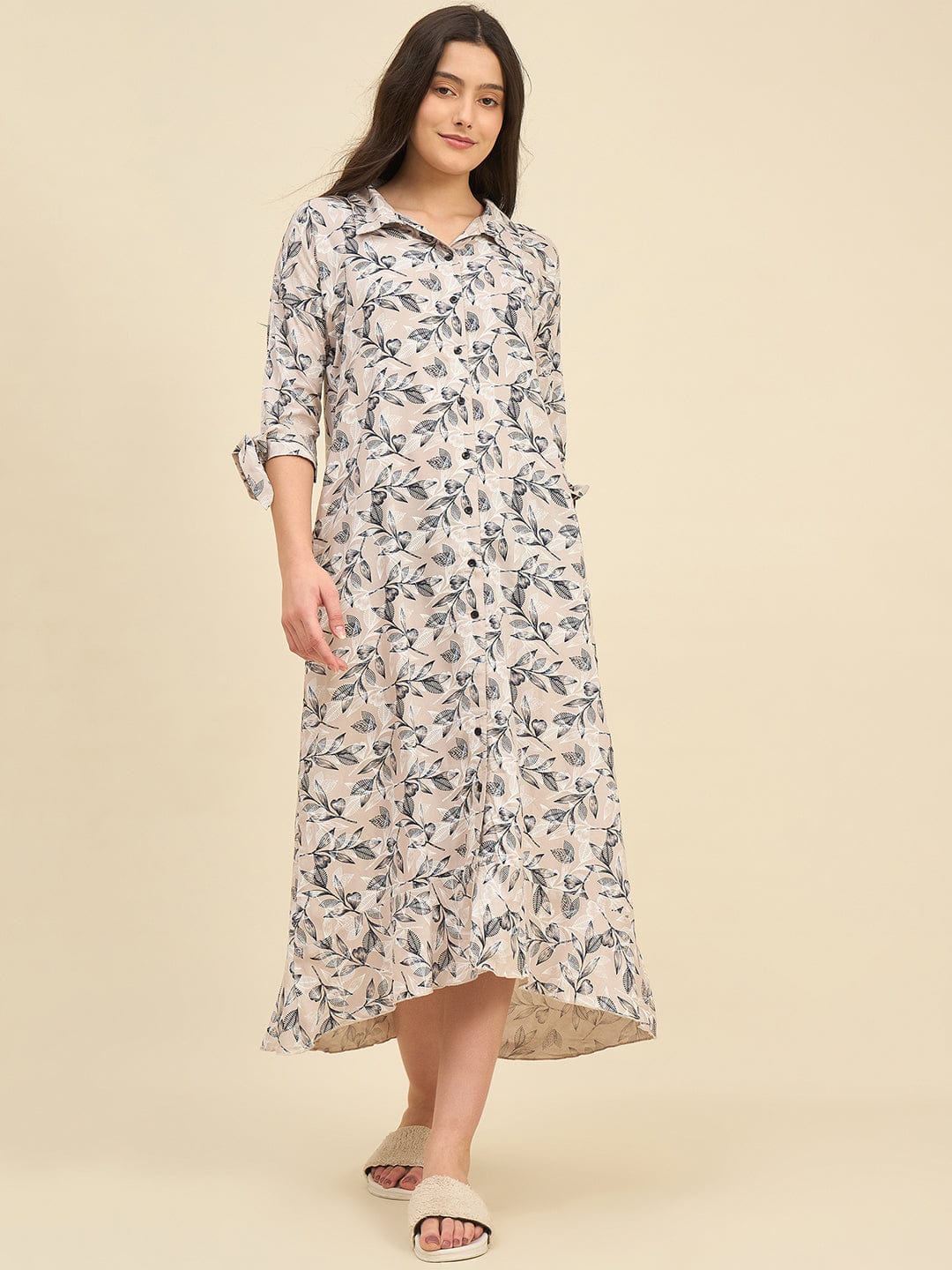The Kaftan Company Nightdress Beige Floral Viscose Rayon Nightdress – Soft Shirt Style with Pockets & Tie Sleeves