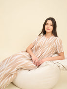 The Kaftan Company Nightdress Beige Ikat Handloom Cotton Nightdress – Soft V-Neck Maxi with Pockets