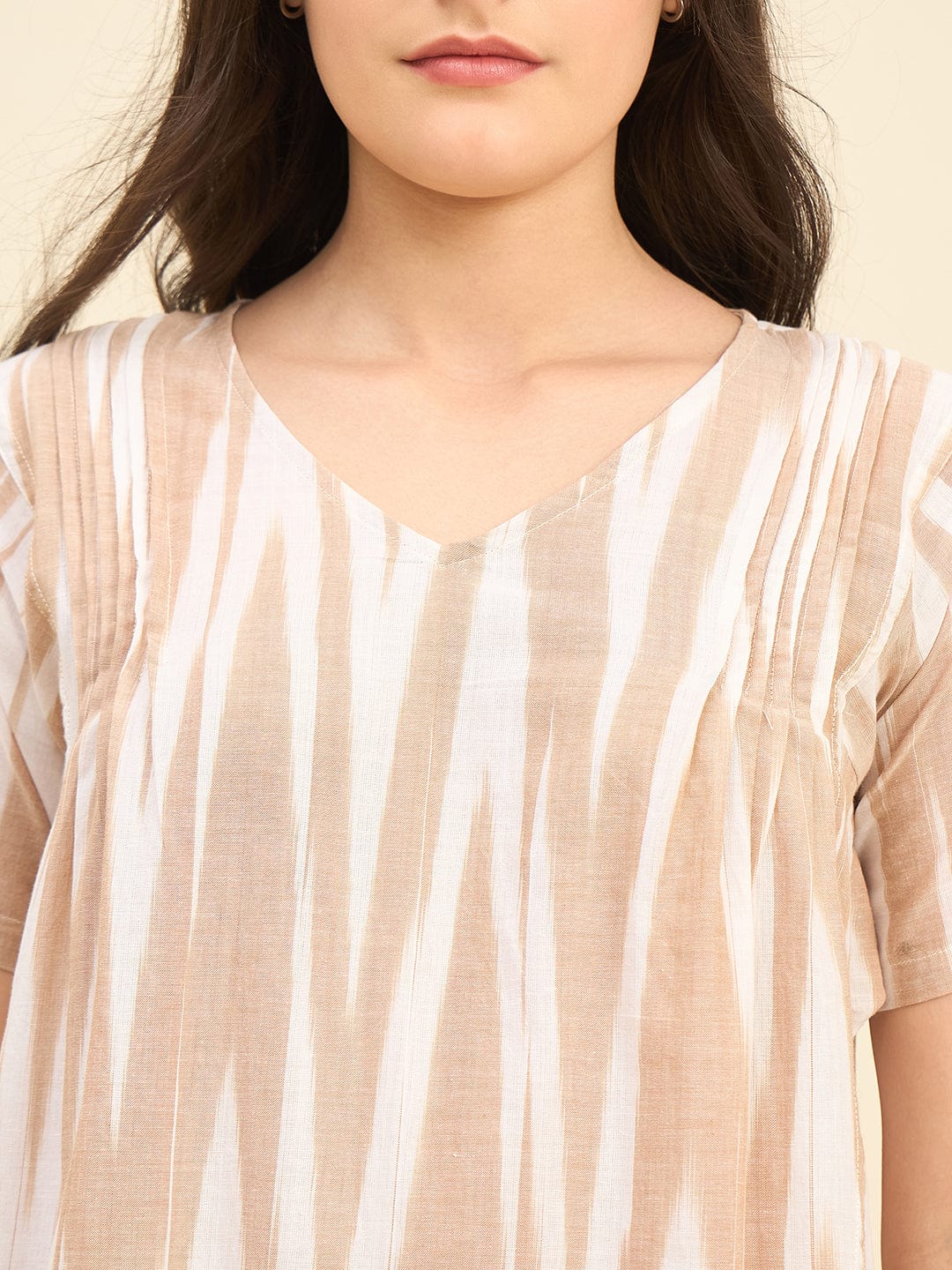 The Kaftan Company Nightdress Beige Ikat Handloom Cotton Nightdress – Soft V-Neck Maxi with Pockets