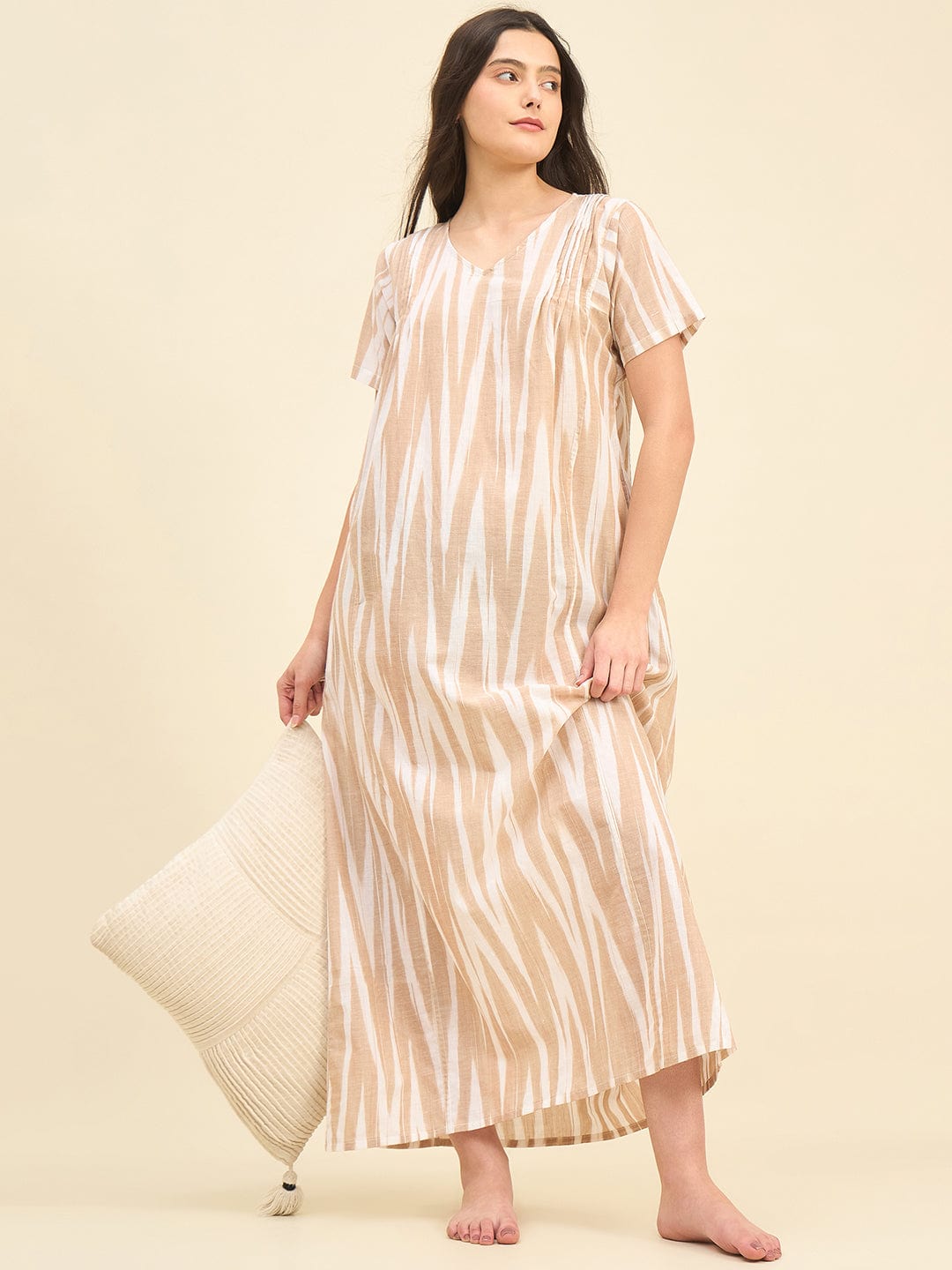 The Kaftan Company Nightdress Beige Ikat Handloom Cotton Nightdress – Soft V-Neck Maxi with Pockets