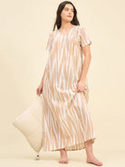 The Kaftan Company Nightdress Beige Ikat Handloom Cotton Nightdress – Soft V-Neck Maxi with Pockets
