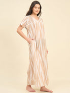 The Kaftan Company Nightdress Beige Ikat Handloom Cotton Nightdress – Soft V-Neck Maxi with Pockets