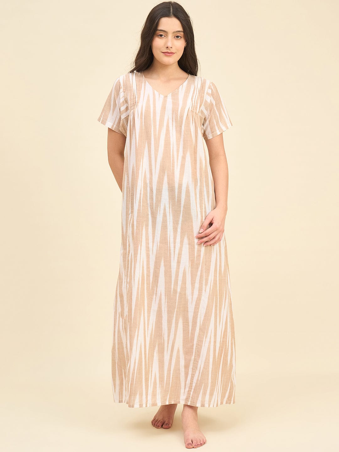 The Kaftan Company Nightdress Beige Ikat Handloom Cotton Nightdress – Soft V-Neck Maxi with Pockets