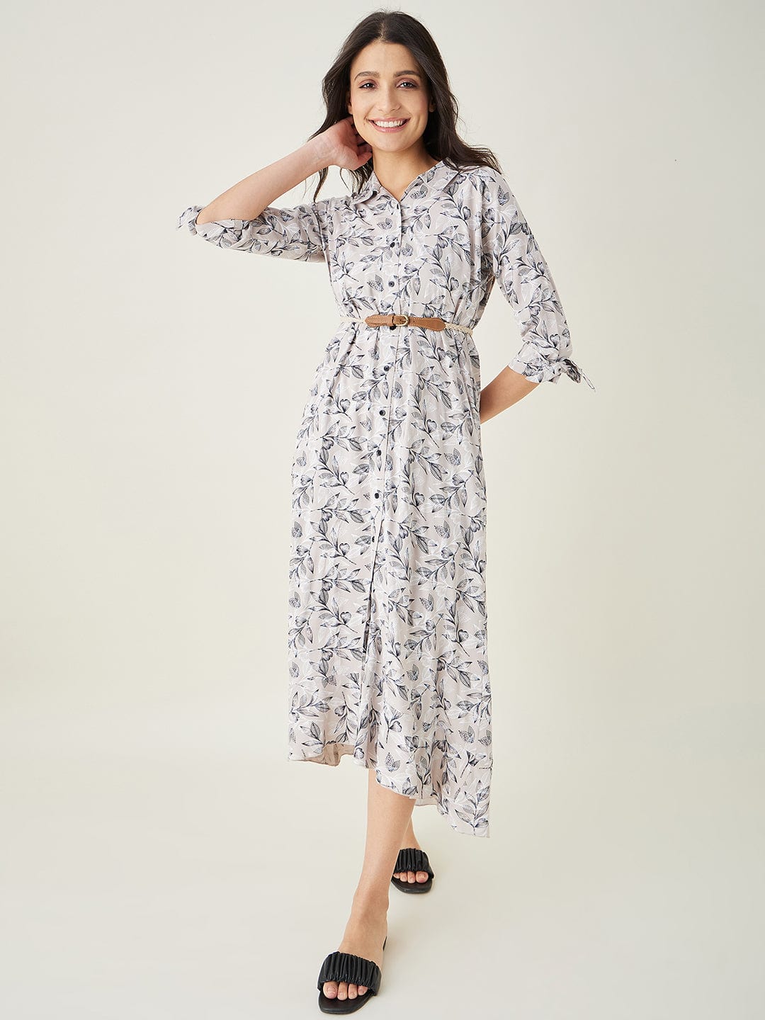 The Kaftan Company Nightdress Beige Leaf Printed Lounge Dress