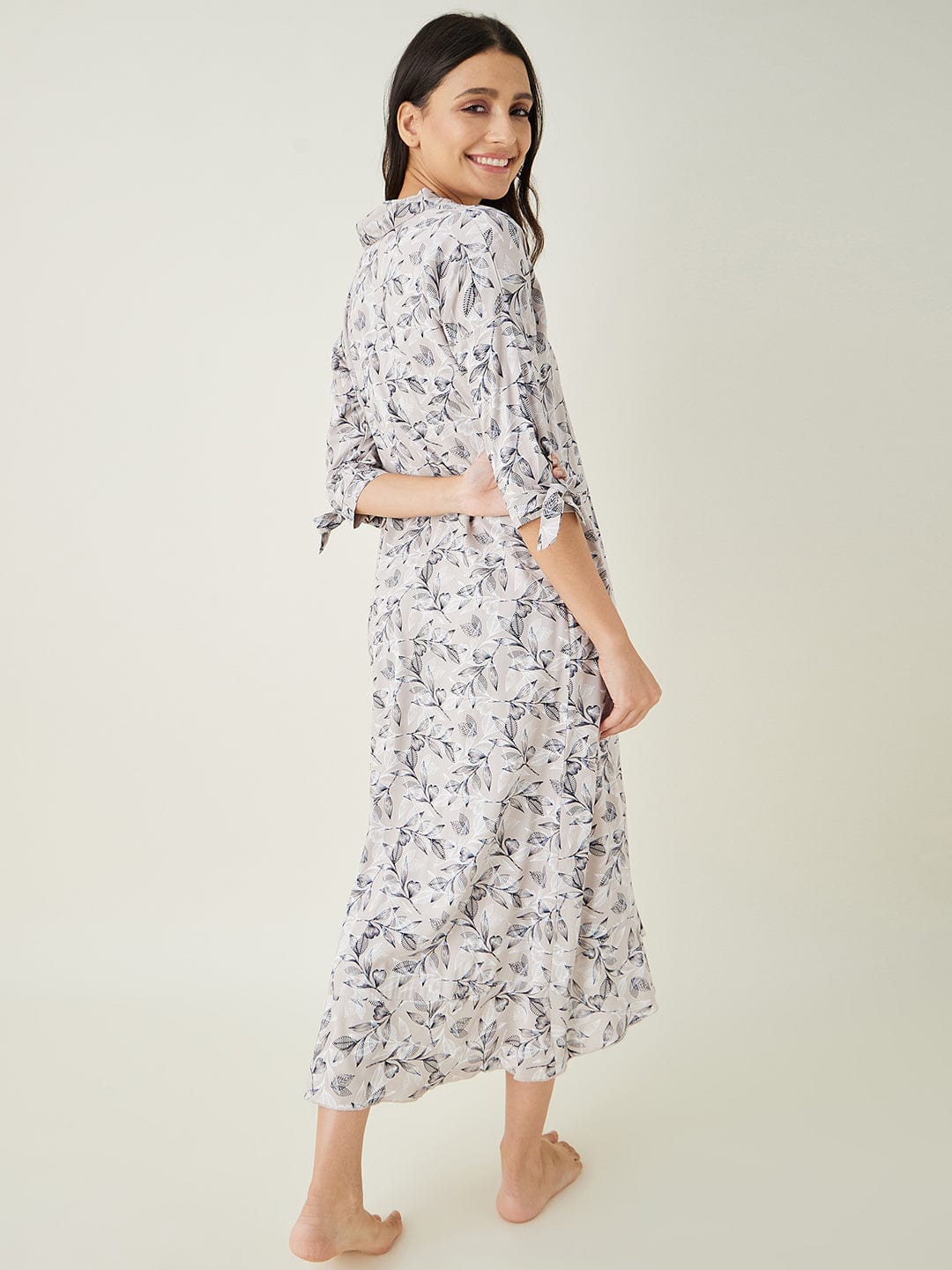 The Kaftan Company Nightdress Beige Leaf Printed Lounge Dress