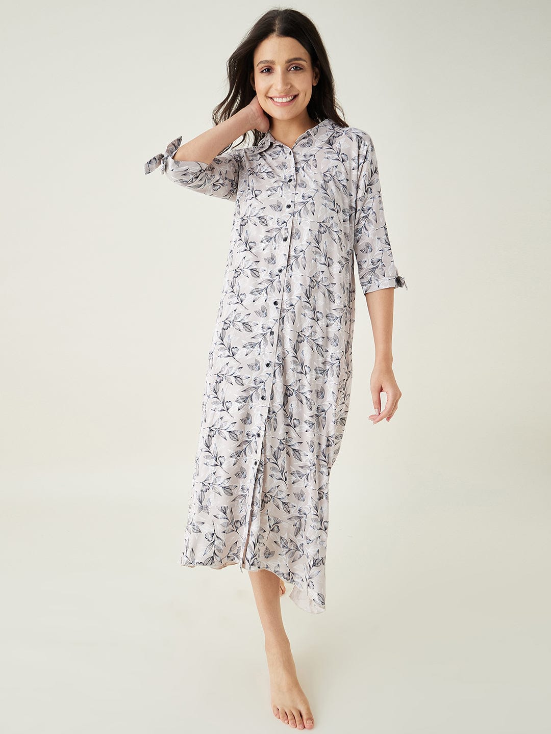 The Kaftan Company Nightdress Beige Leaf Printed Lounge Dress