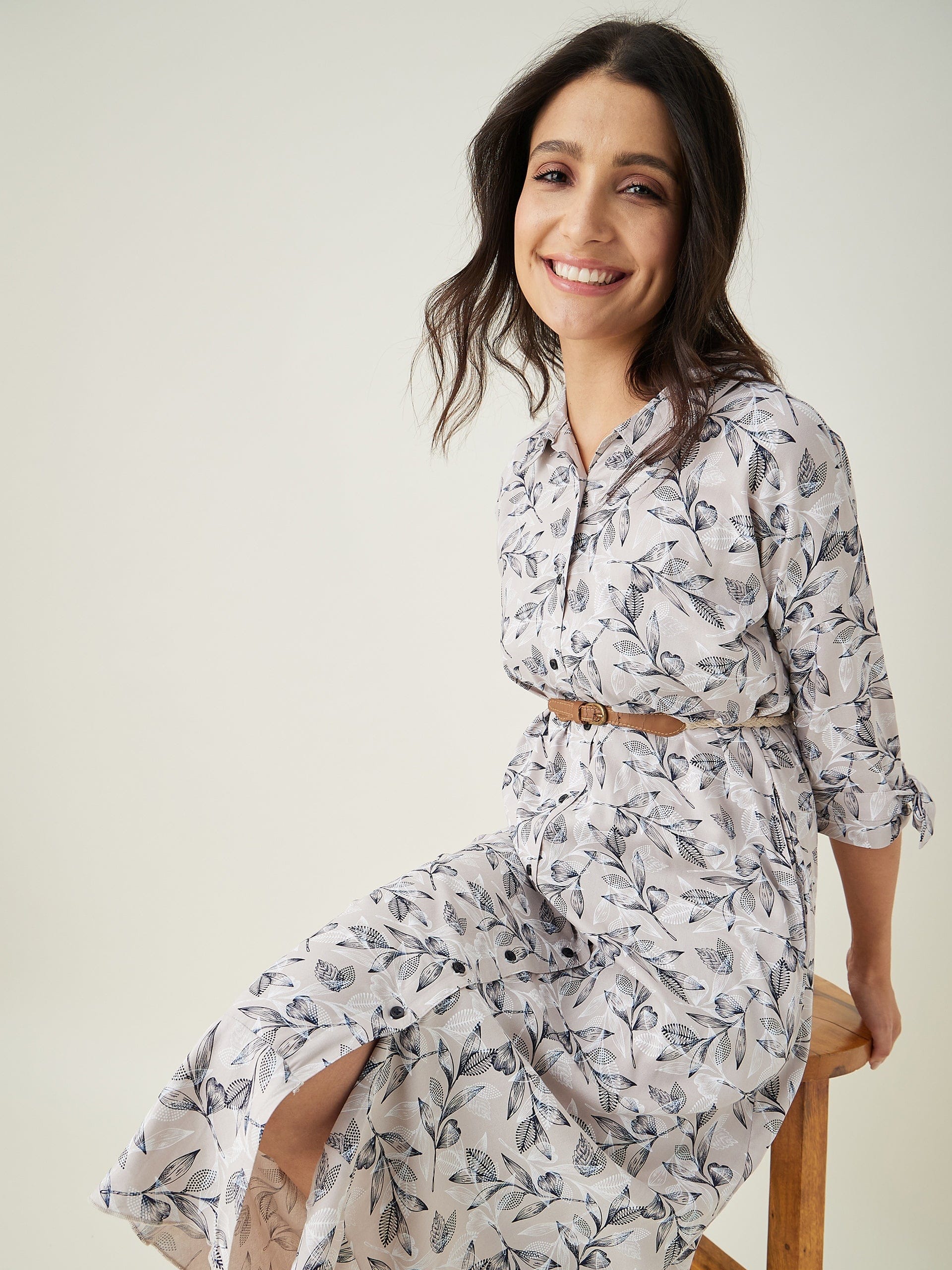 The Kaftan Company Nightdress Beige Leaf Printed Lounge Dress