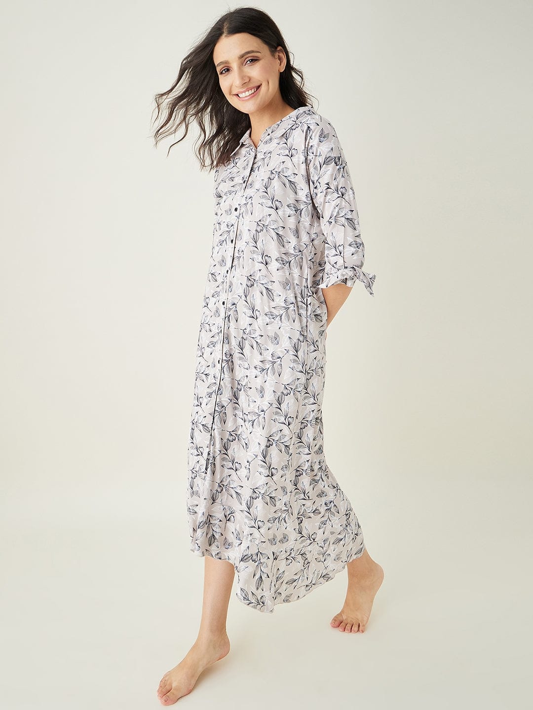 The Kaftan Company Nightdress Beige Leaf Printed Lounge Dress