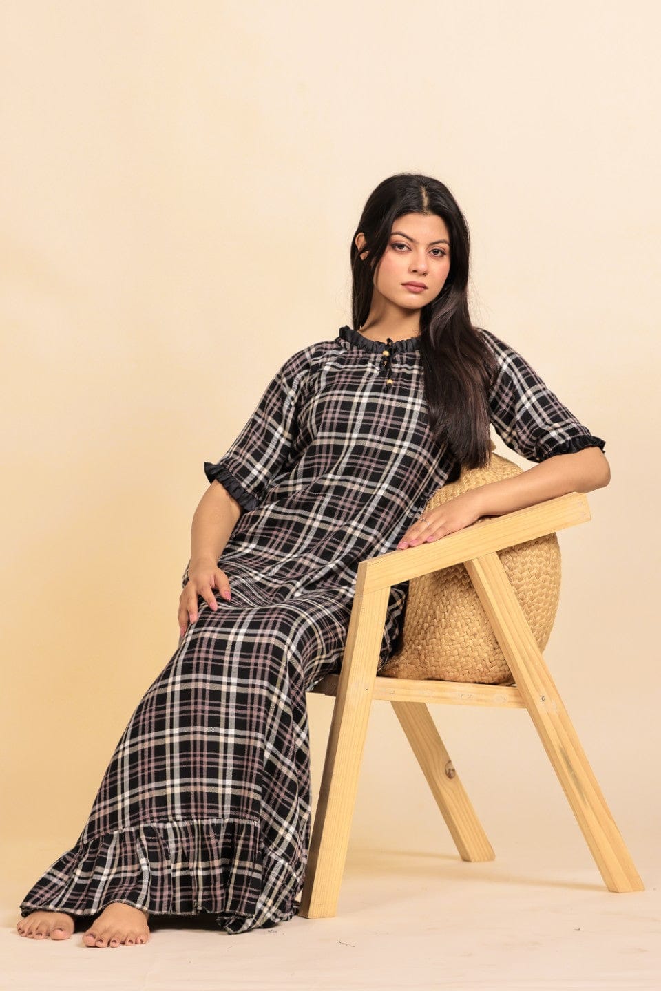 The Kaftan Company Nightdress Black and White Checked Viscose Nighty with Ruffled Trim