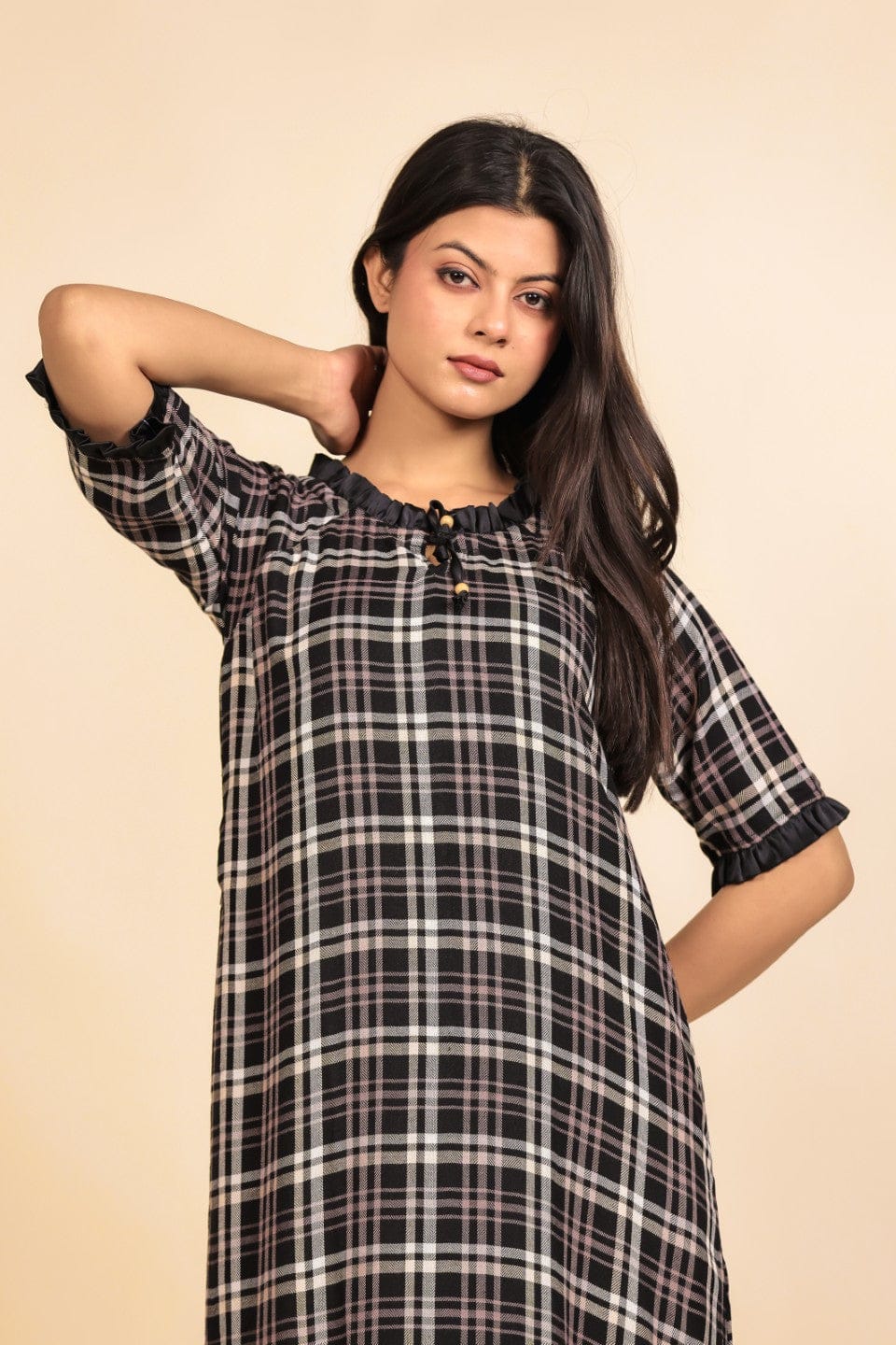 The Kaftan Company Nightdress Black and White Checked Viscose Nighty with Ruffled Trim