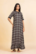 The Kaftan Company Nightdress Black and White Checked Viscose Nighty with Ruffled Trim