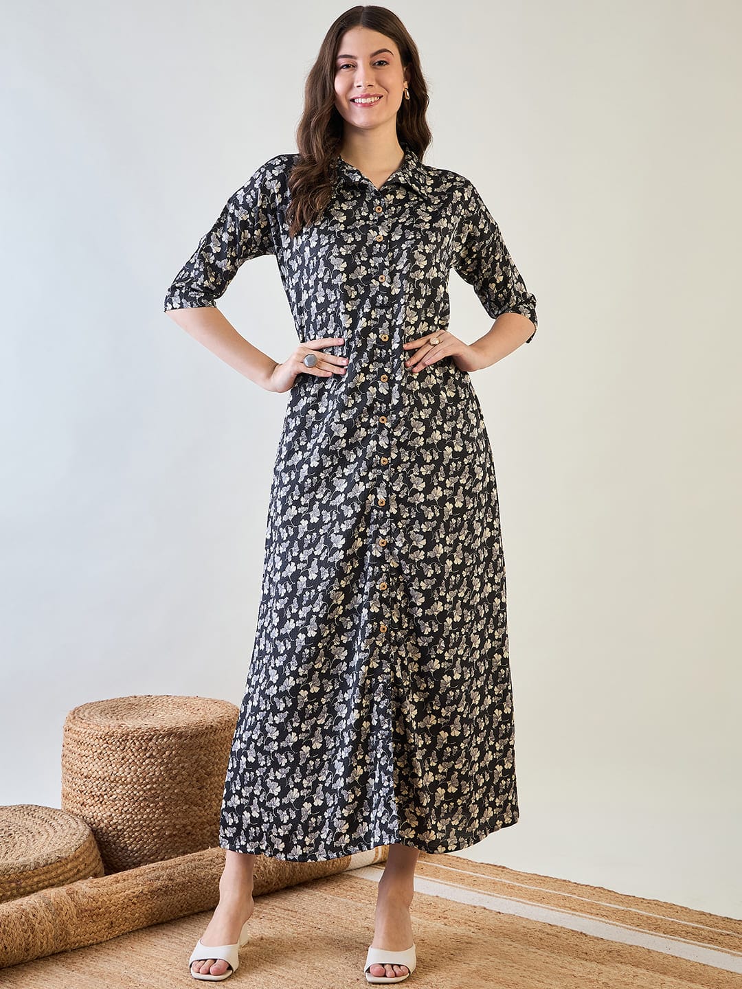 The Kaftan Company Nightdress Black and White Floral Button Down Night Dress
