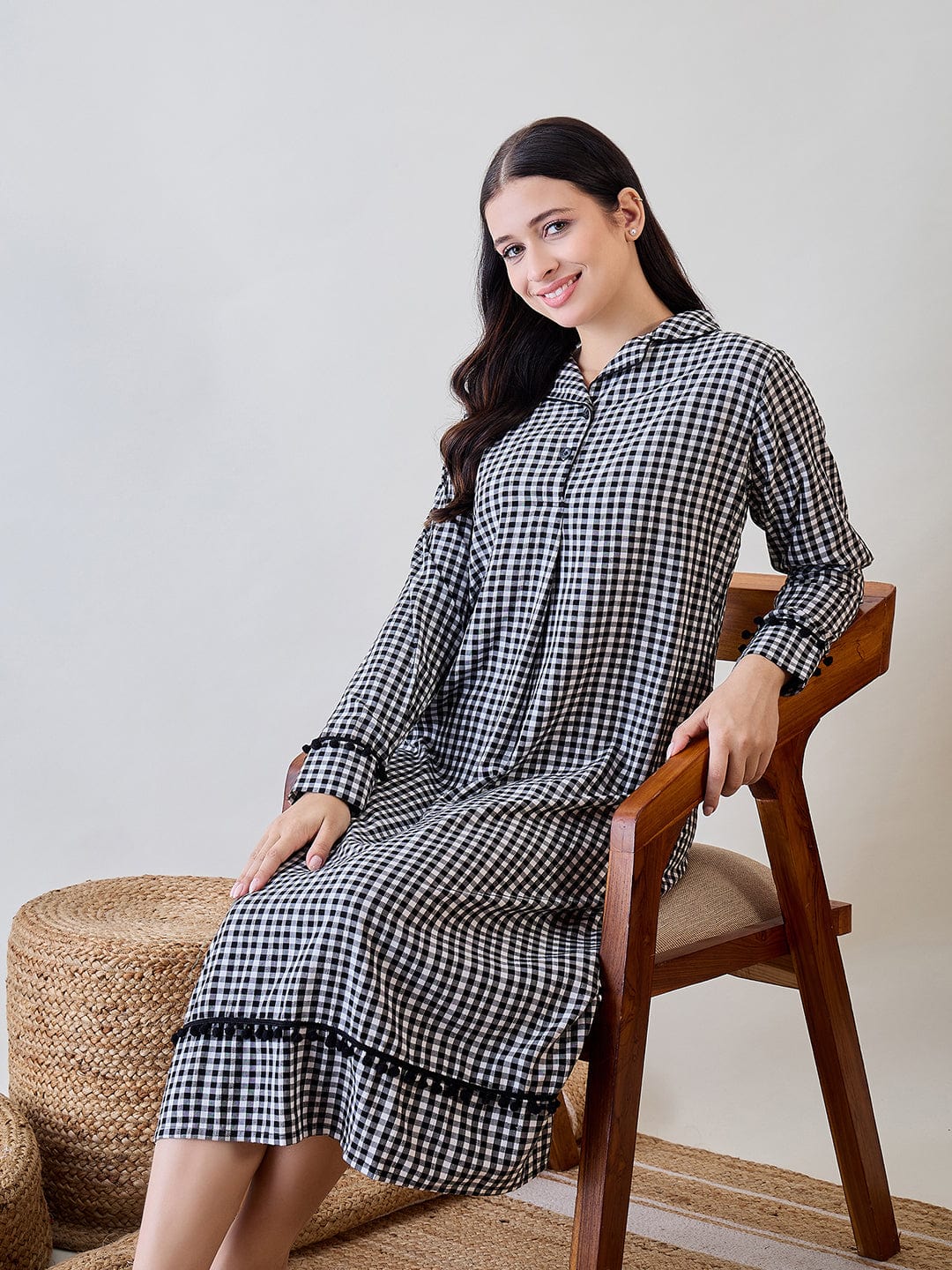 The Kaftan Company Nightdress Black and White Gingham Cotton Sleep Shirt