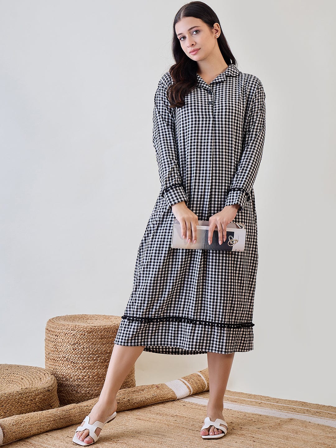 The Kaftan Company Nightdress Black and White Gingham Cotton Sleep Shirt