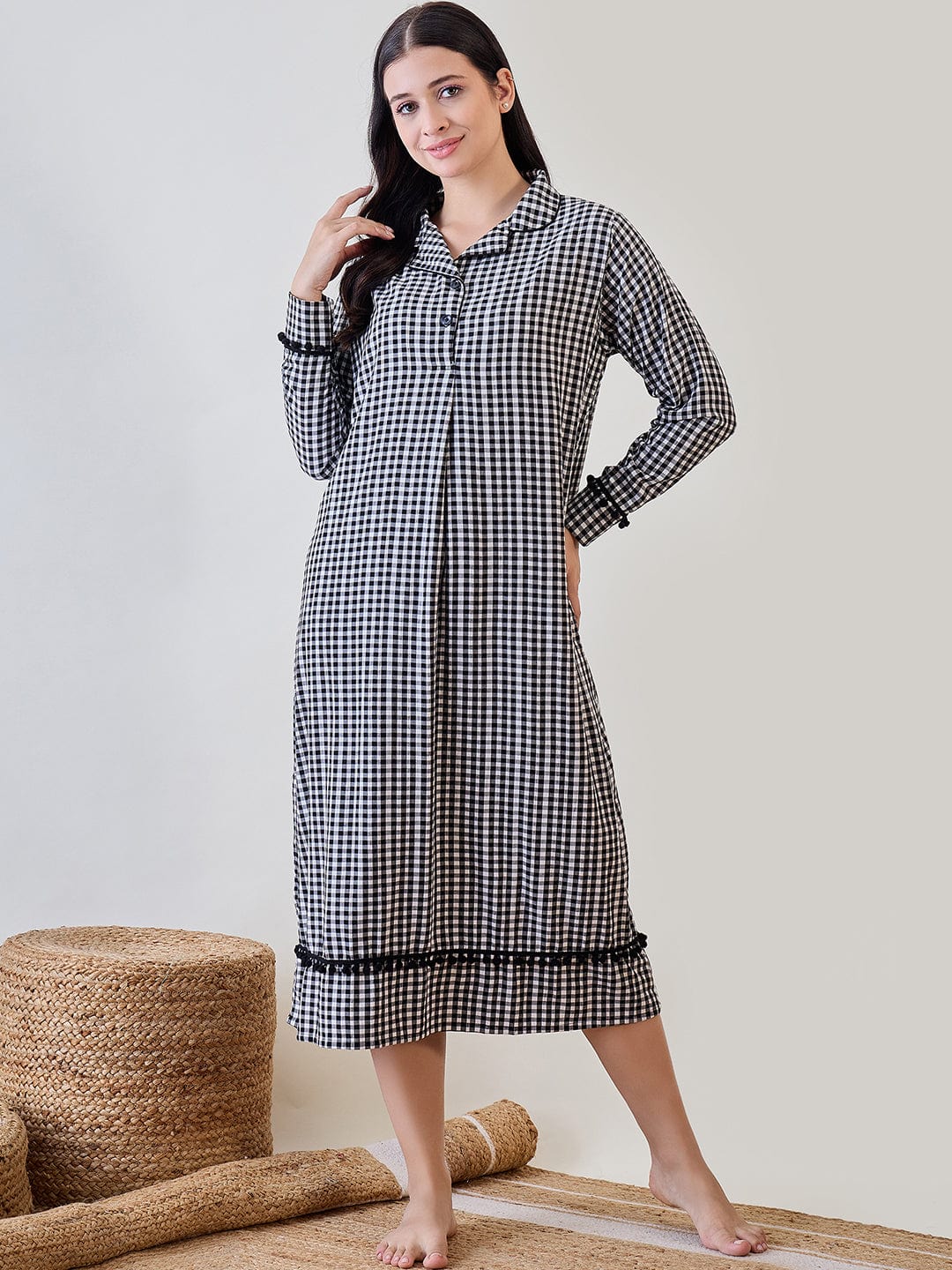 The Kaftan Company Nightdress Black and White Gingham Cotton Sleep Shirt