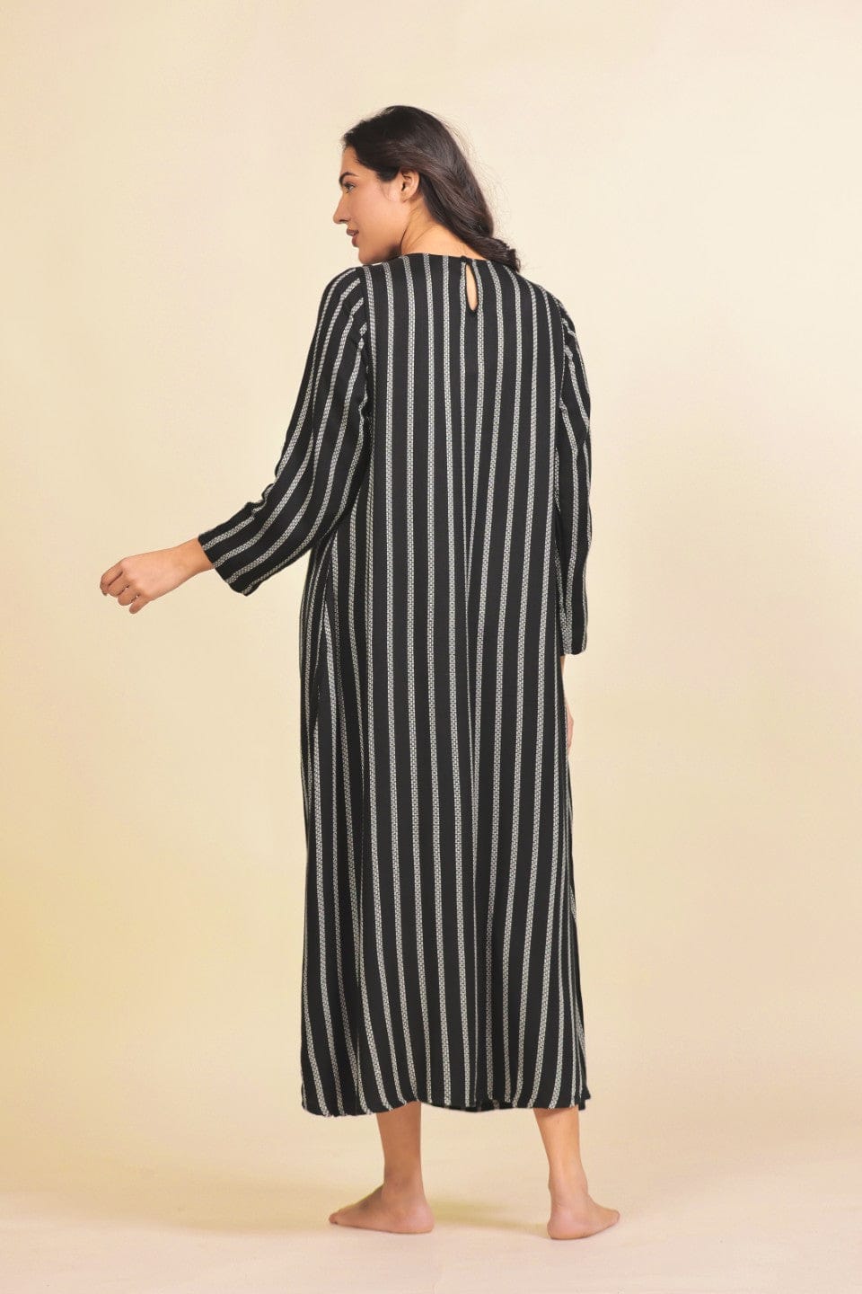 Black and White Vertical Striped Cotton Nighty S