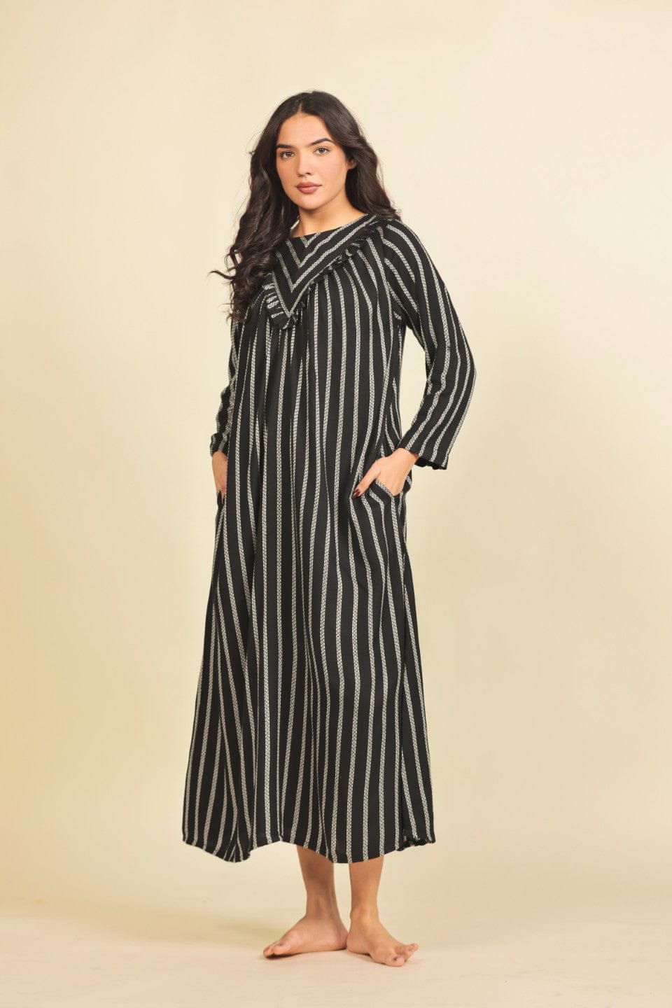 The Kaftan Company Nightdress Black and White Vertical Striped Cotton Nighty