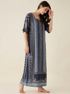 The Kaftan Company Nightdress Black Ethnic Print Nightdress with Ruffle Sleeves and Eye Mask