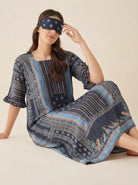 The Kaftan Company Nightdress Black Ethnic Print Nightdress with Ruffle Sleeves and Eye Mask