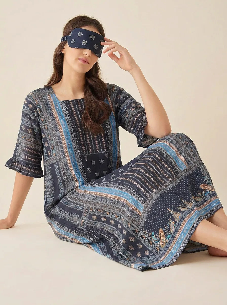 The Kaftan Company Nightdress Black Ethnic Print Nightdress with Ruffle Sleeves and Eye Mask